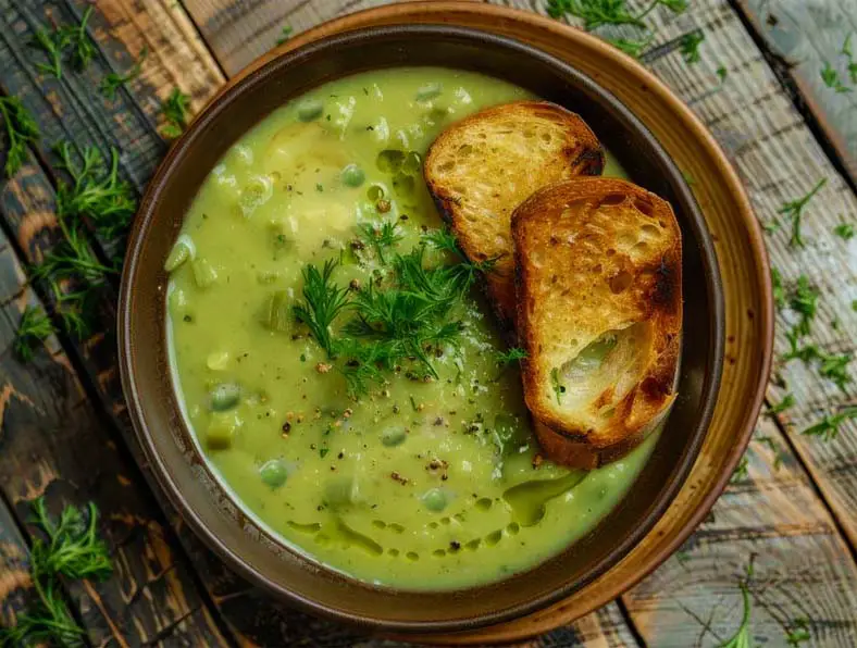 Top view of a creamy bowl of vegan split pea soup topped with herbs and slices of homemade sourdough bread. 