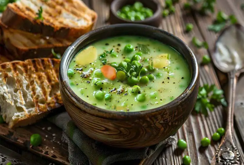 A hearty bowl of creamy vegan split pea soup with crusty sourdough bread. 