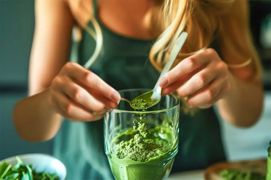 A woman spooning healthy vegan protein powder into her green smoothie.