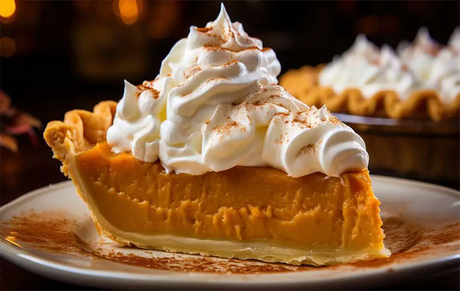 Close-up of a rich slice of vegan pumpkin pie on a plate with organic dairy-free whipped topping and spice.  