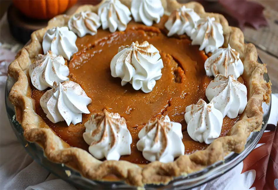 Top view of a homemade vegan pumpkin pie with Himalayan Tartary Buckwheat crust and diary-free whipped topping swirls.