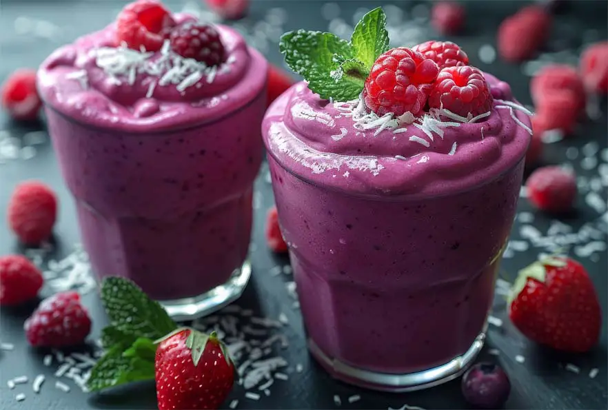 Two creamy rich vegan berry coconut smoothies topped with fresh raspberries and coconut shreds.