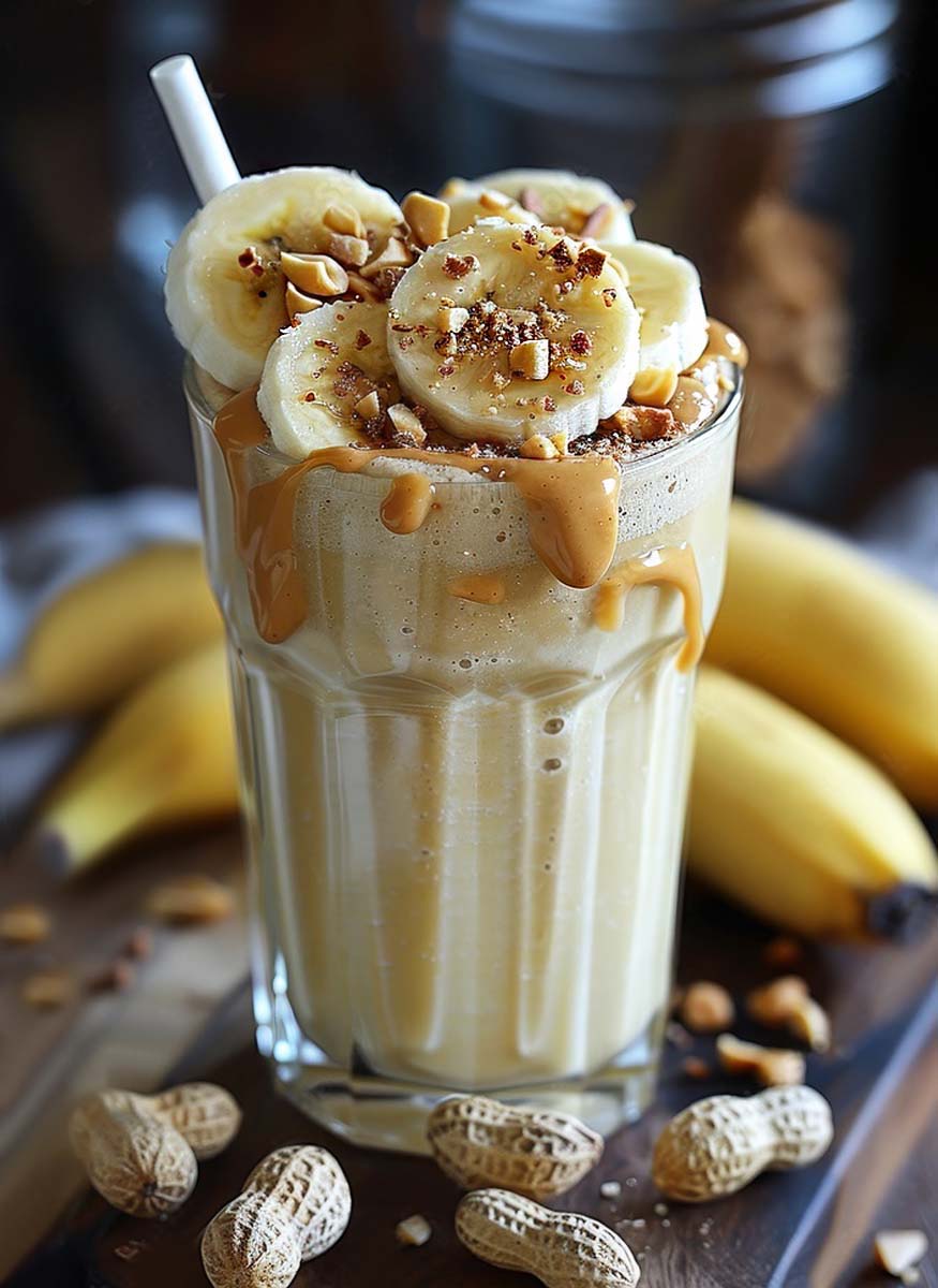 Scrumptiously rich peanut butter banana smoothie stacked with fresh organic bananas slices and chopped nuts.