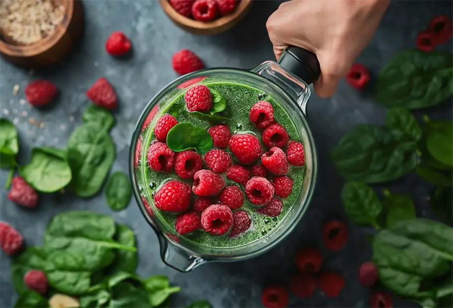 Top view of a loaded blender stacked with vegan smoothie ingredients, including fresh organic raspberries and nutritious greens. 