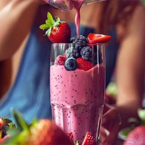 A healthy woman stacking a creamy fruity smoothie in a glass with fresh berries and vegan protein powder