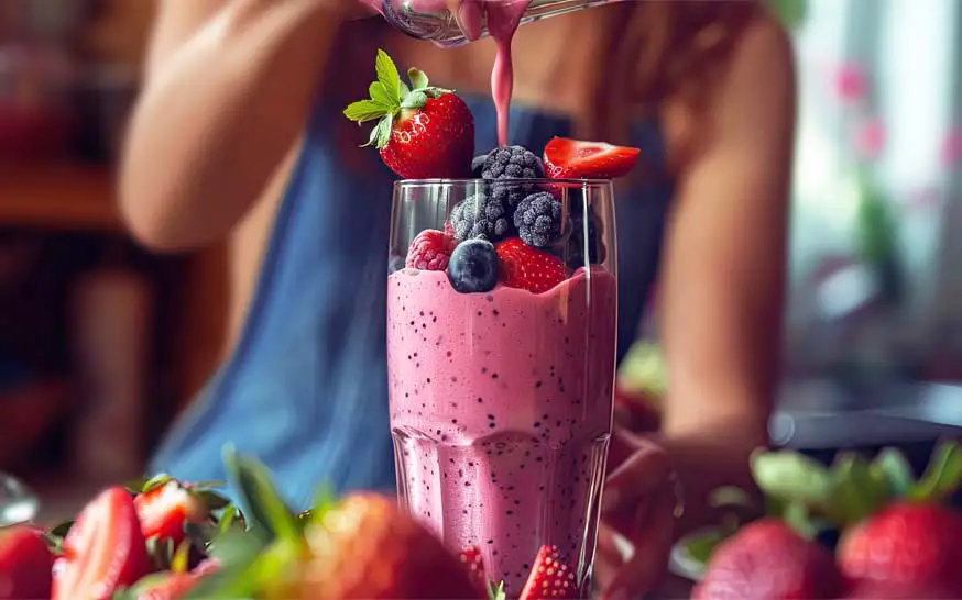 A healthy woman stacking a creamy fruity smoothie in a glass with fresh berries and vegan protein powder