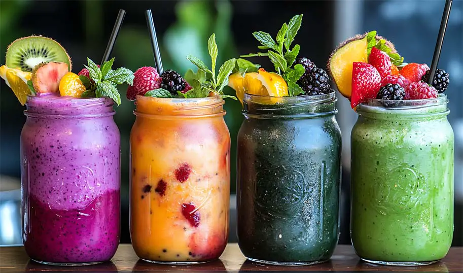 A colorful row of delicious vegan protein smoothies in mason jars stacked with succulent fresh fruits like berries, mango, kiwi, peaches, and more.