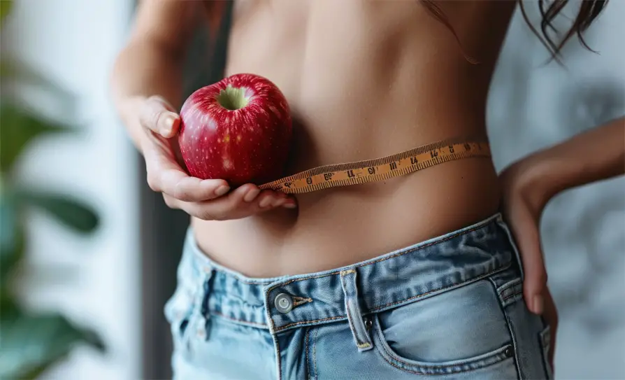 Midriff of a slender vegan woman holding an apple and measuring tape against her waist. 