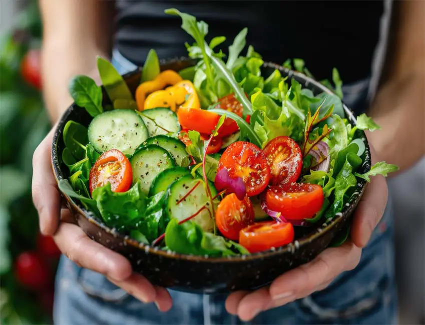 Close-up of a delicious bowl of mixed green salad held in a woman's hands.  