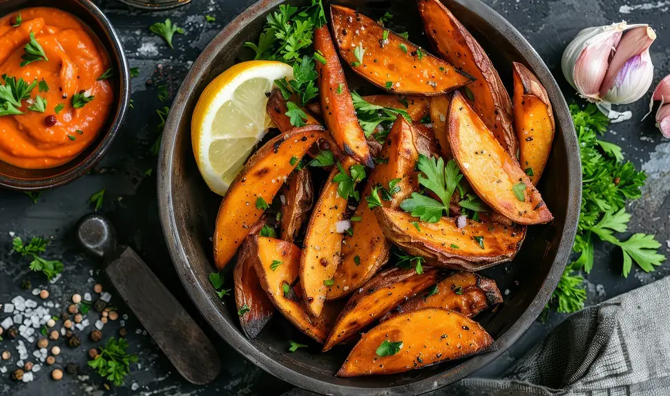 Top view of plump delicious sweet potato fries in a bowl with fresh organic herbs, lemon, garlic, and homemade dipping sauce. 