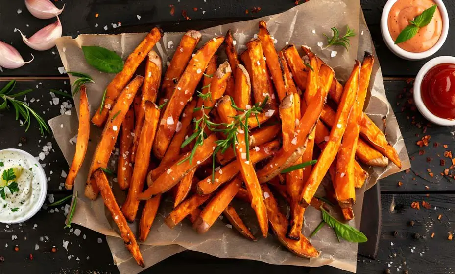 Top view of an ultra-large serving of organic sweet potato fries with fresh herbs, spices, and three tasty dips. 