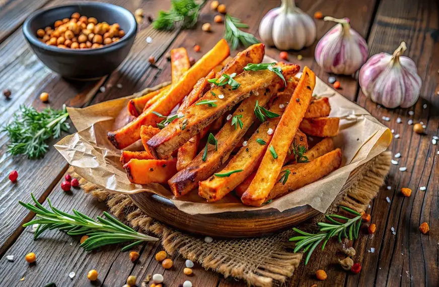 Bowl of crispy homemade sweet potato fries with rosemary, whole garlic, and fresh herbs. 