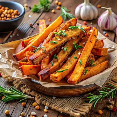 Bowl of crispy homemade sweet potato fries with rosemary, whole garlic, and fresh herbs.