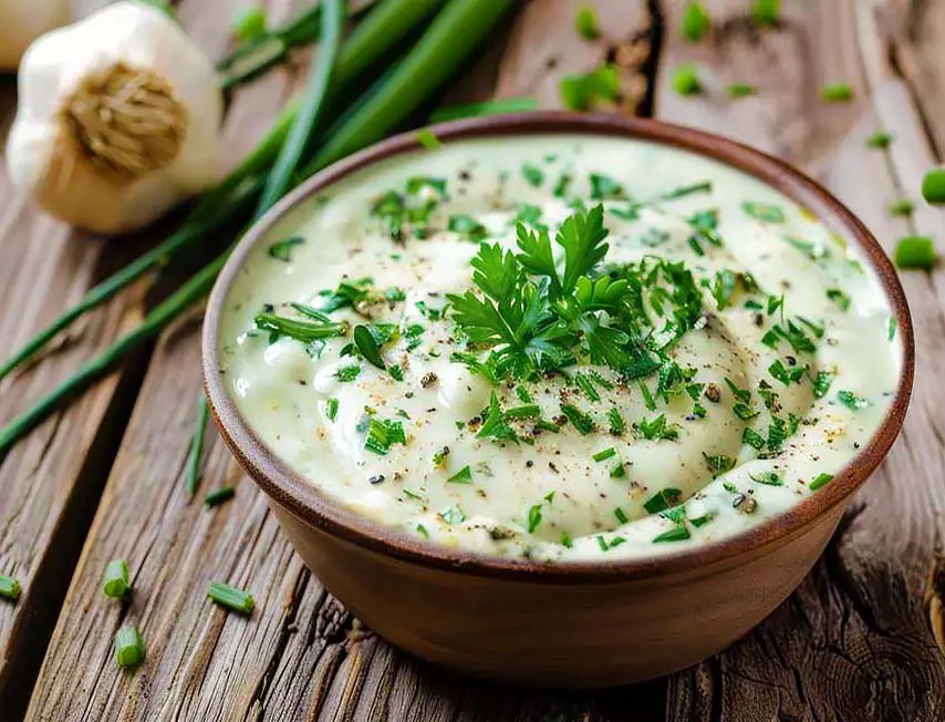 A bowl of creamy rich vegan Ranch dip for sweet potato fries and other finger foods. Topped with herbs, parsley, and fresh organic chives.   