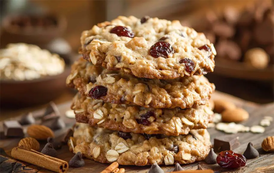 A close-up of a delectable stack of vegan oatmeal weight loss cookies made with barley and oats. 