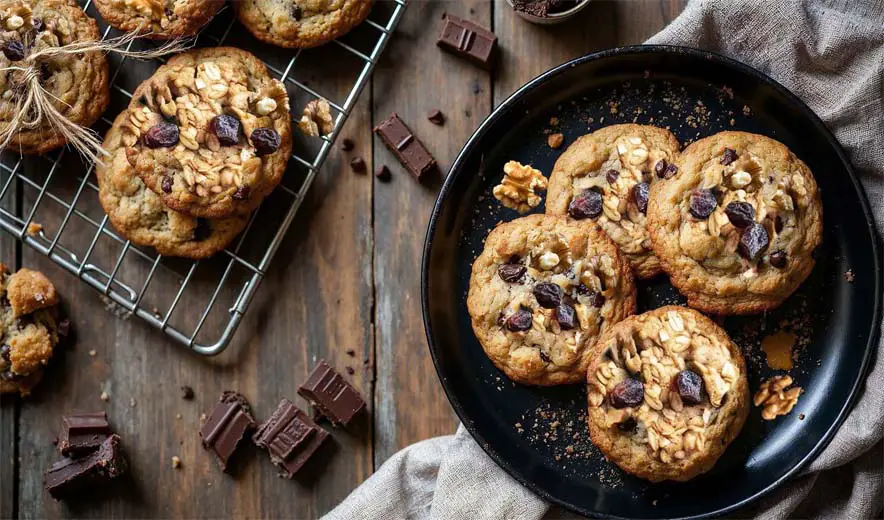 Top view of an assortment of weight loss cookies by chunks of organic chocolate.  