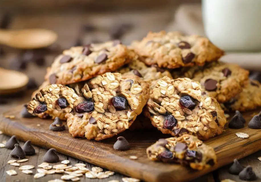 A pile of delicious vegan oatmeal raisin cookies on a board by fresh rolled oats and chocolate chips.