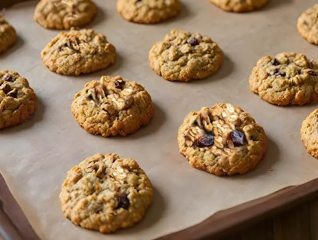 Chunky high-fiber weight loss cookies fresh from the oven on a parchment paper lined board. 