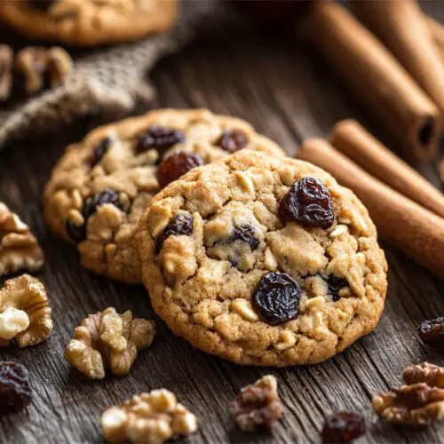 Delicious high-fiber weight loss cookies with barley and oats on a rustic board by organic walnuts and cinnamon sticks.