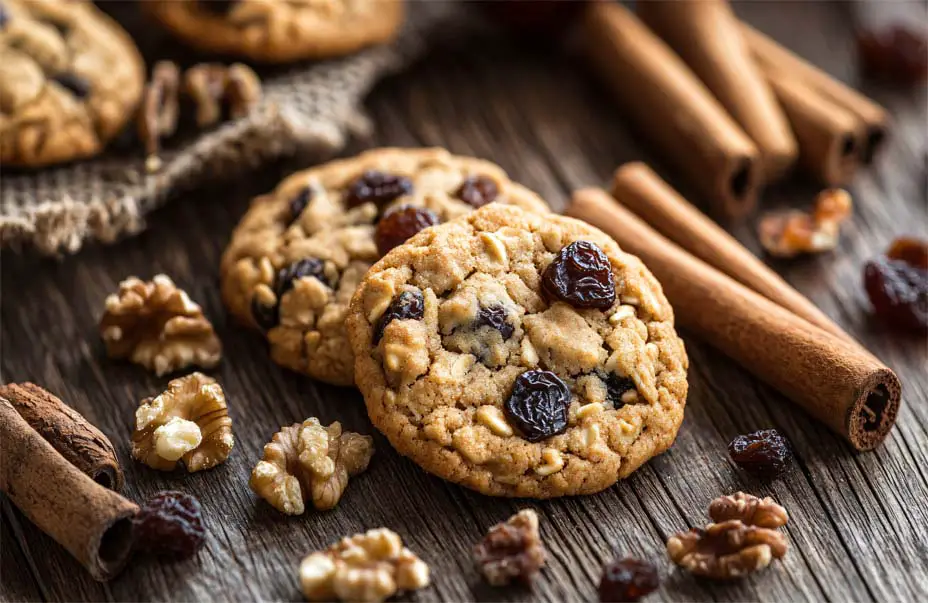 Delicious high-fiber weight loss cookies with barley and oats on a rustic board by organic walnuts and cinnamon sticks.