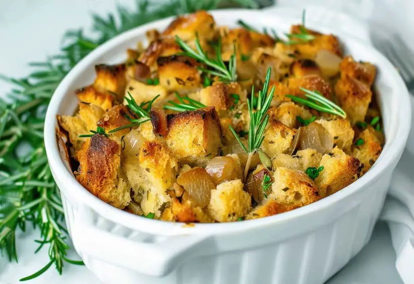 A delicious bowl of vegan stuffing with buckwheat croutons, plant-based sausage, and savory herbs. 