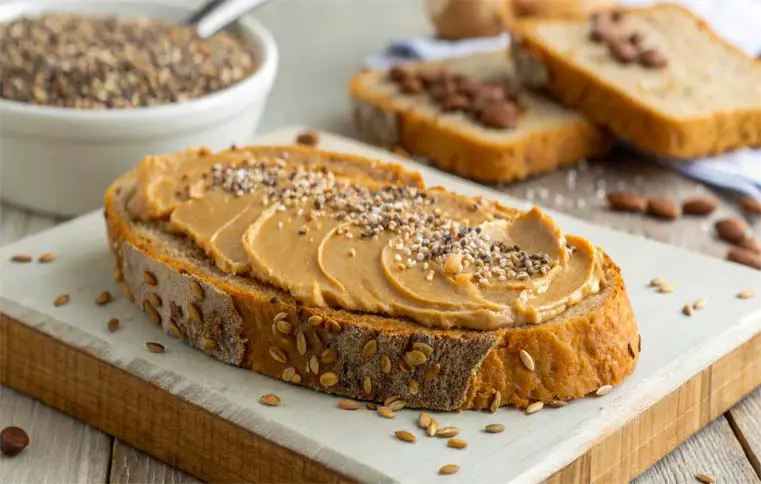 A rich slice of Himalayan Tartary sprouted buckwheat bread topped with almond butter and seeds. 