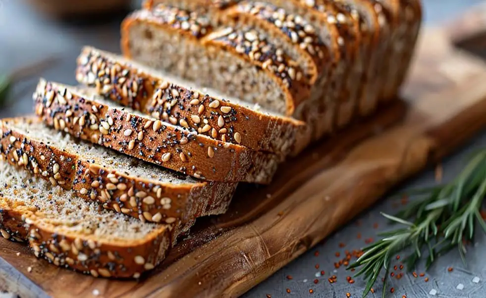 Close on Himalayan Tartary sprouted buckwheat bread slices with seeded crust.