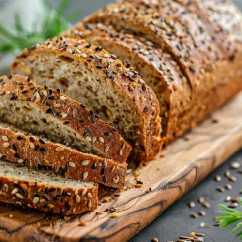 Himalayan Tartary sprouted buckwheat bread slices on a wooden cutting board surrounded by herbs and spices.