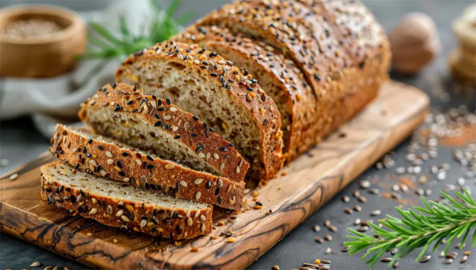 Himalayan Tartary sprouted buckwheat bread slices on a wooden cutting board surrounded by herbs and spices.