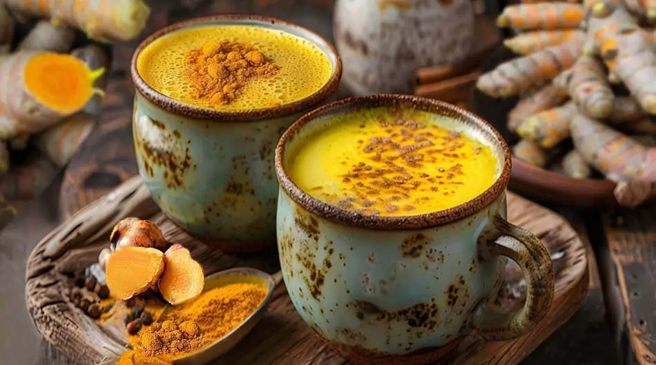 Mugs of creamy rich golden milk with turmeric powder, cinnamon, and herbs.