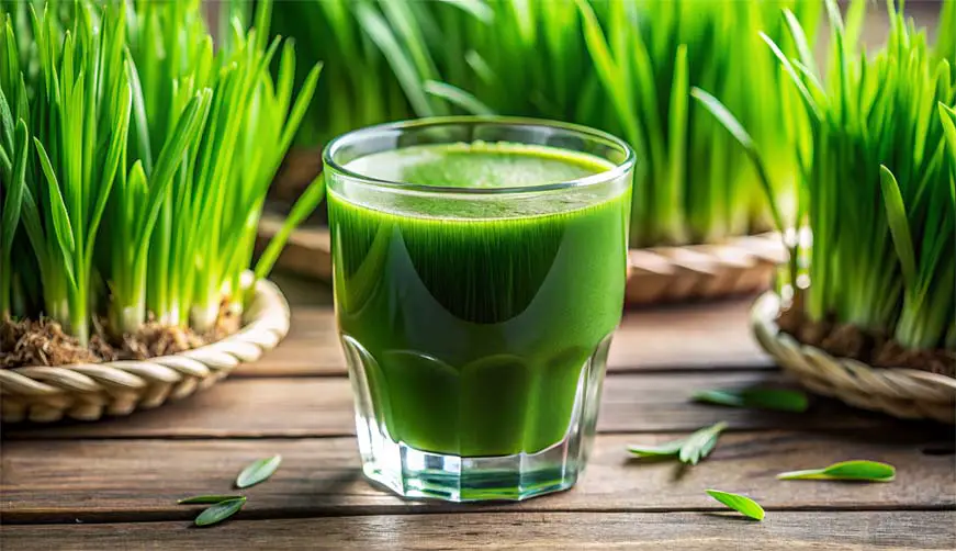 A glass of fresh organic wheatgrass by baskets of green sprouted leaves.