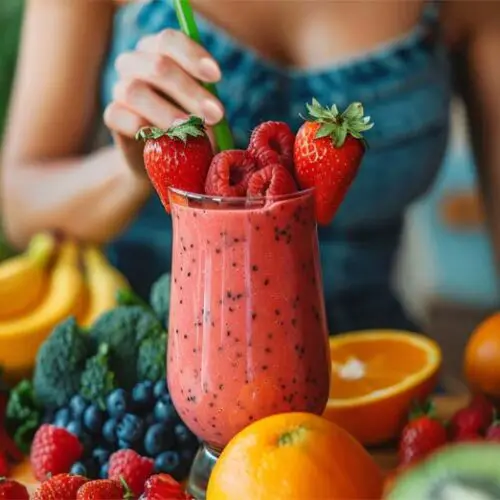 A woman stirring a large amla smoothie stacked with fresh berries and surrounded by fresh fruit.