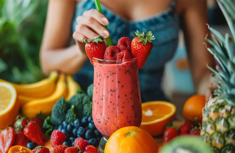 A woman stirring a large amla smoothie stacked with fresh berries and surrounded by fresh fruit.