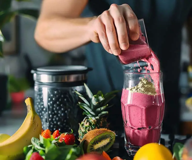 Close-up of a man pouring a rich amla smoothie stacked with amalaki powder. 