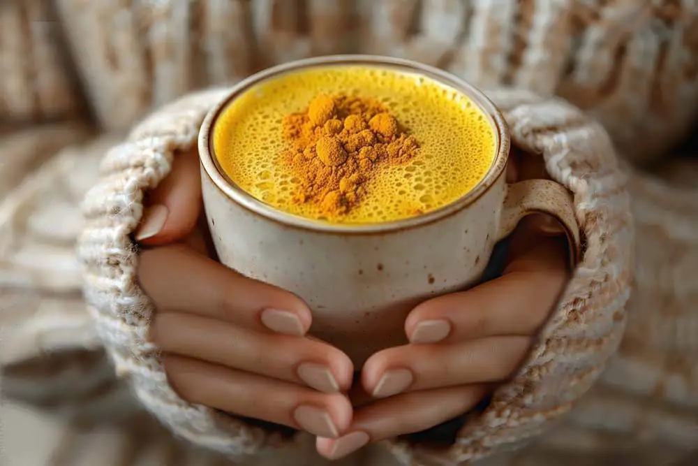 Close-up of a woman's hands holding a mug of golden milk with organic turmeric powder.   