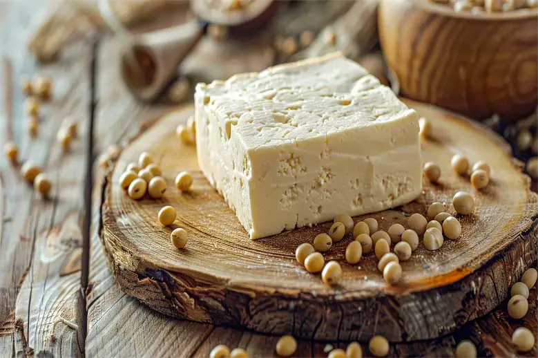 A block of spermidine-rich organic tofu surrounded by soybeans on a wooden board.   