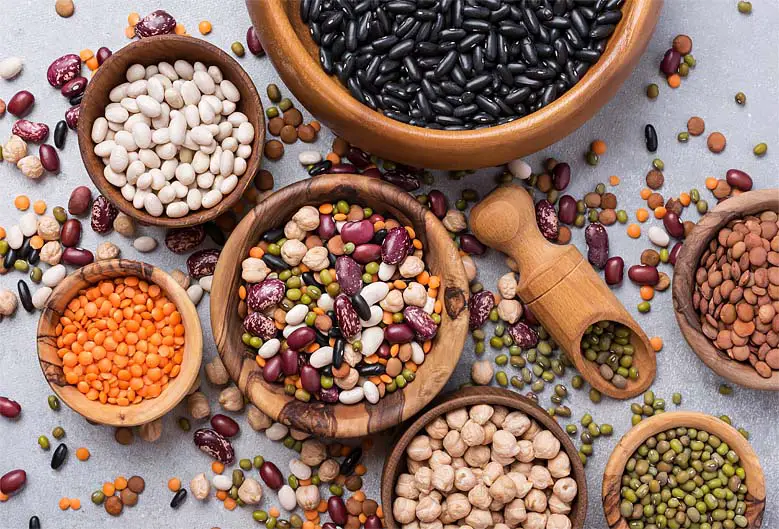 Top view of assorted beans and peas in a variety of wooden bowls.  