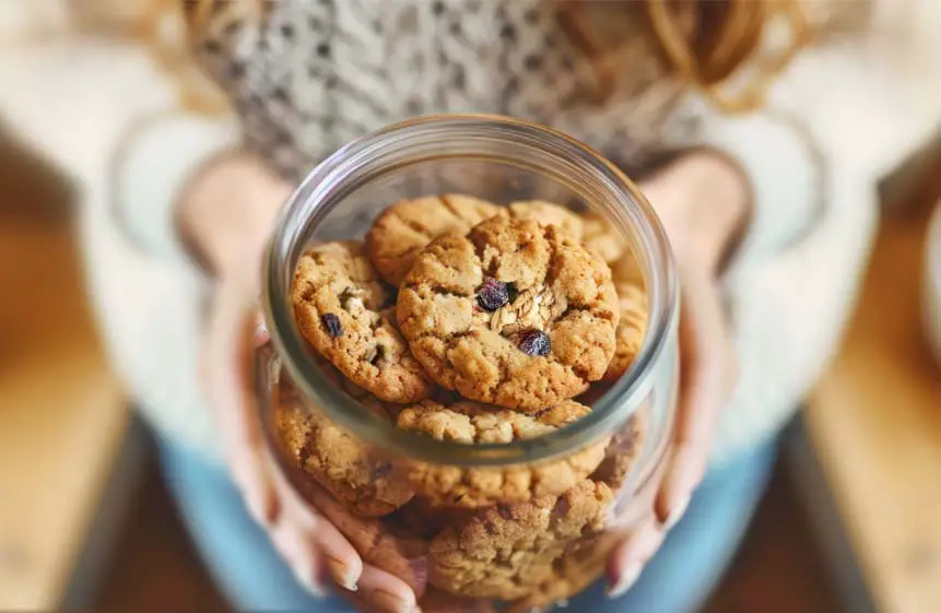 Close-up of a woman holding a glass jar of vegan oatmeal weight loss cookies.