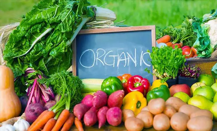 A chalkboard display reads ORGANIC among stacks of Farmer's Market fruits and vegetables.