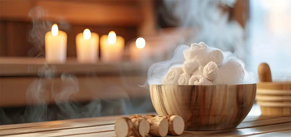 Candlelit wood plank steam room  with a teak bowl of wash cloths and bamboo sauna accessories on a bench.