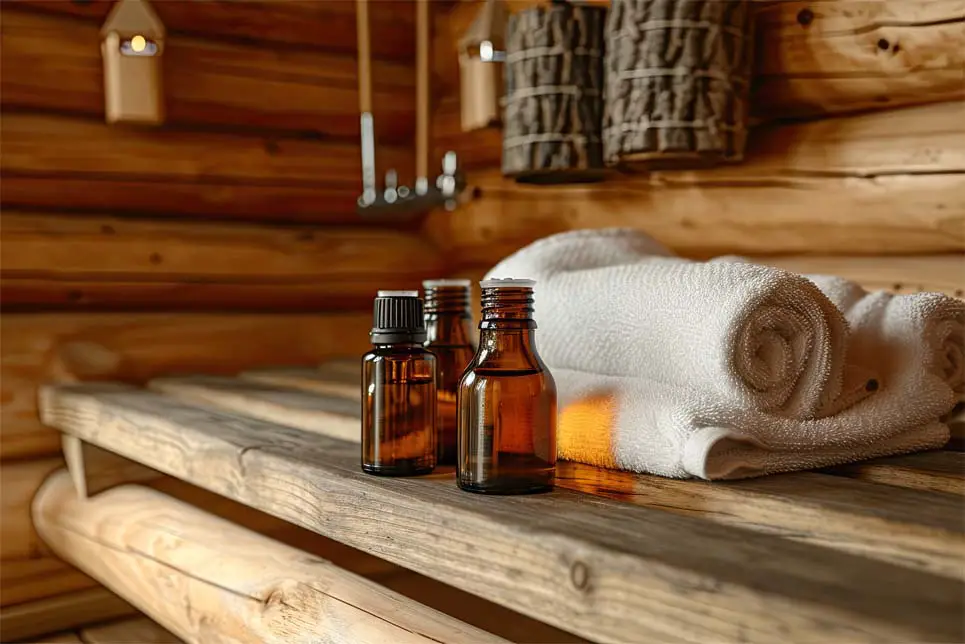 Close on several amber glasses of aromatherapy oils by a roll of towels on a wooden sauna stool.