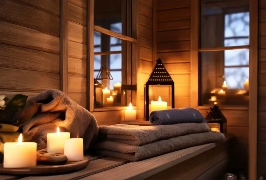 Peaceful candlelit wood plank sauna with stacked towels on the bench.