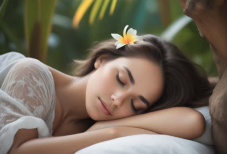 Close-up of a woman sleeping soundly with her head propped on a white pillow.