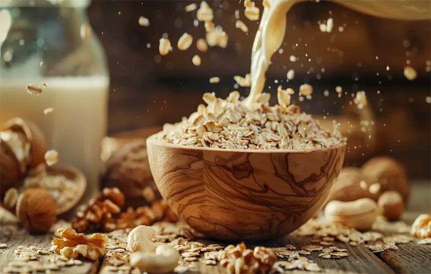 Selective focus of almond milk splashing into a bowl of oats on a rustic board 