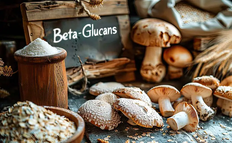 Selective focus of beta-glucan-rich foods including barley, oats, mushrooms, yeast, and beta glucan powder.