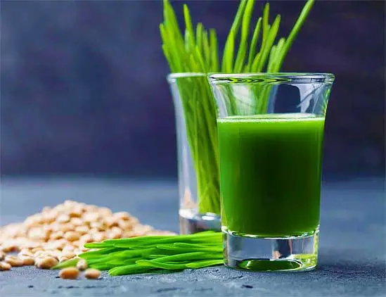 A shot of barley grass juice with fresh green blades and seeds on a counter.