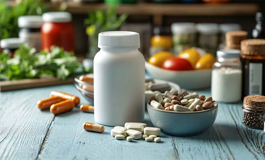 Various vitamins and supplements on a table with assorted fruits and vegetables.