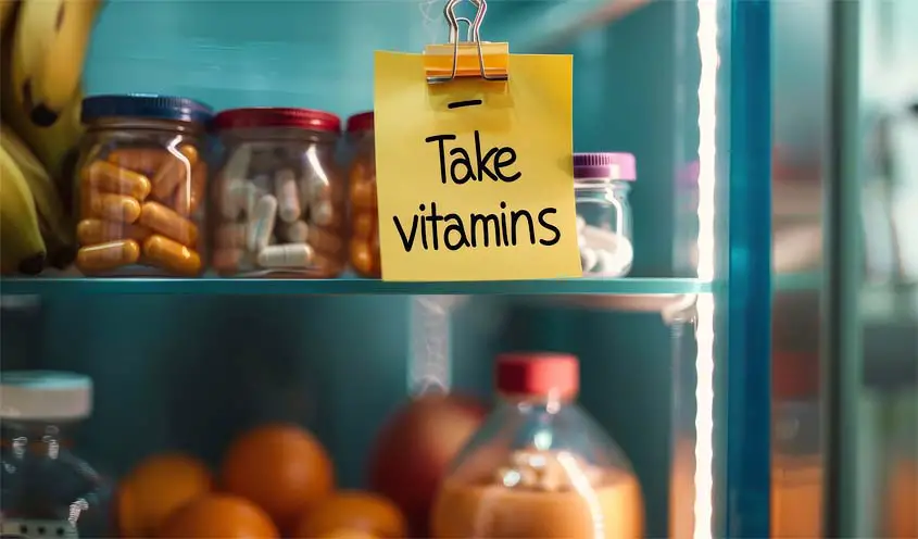 A 'Take Vitamins' sticky note clipped to a fridge door displaying vitamins, supplements, fresh fruit, raw carrot juice.