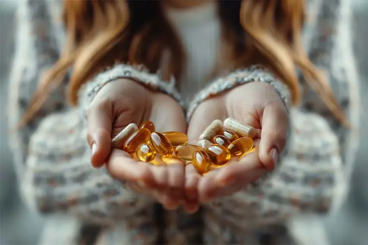 Close-up of a girl's cupped palms holding vitamins, minerals, and supplements.