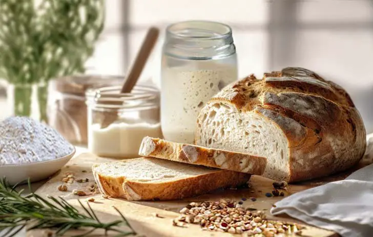 A jar of buckwheat sourdough starter on a wooden block by a loaf of sourdough bread, Himalayan Tartary Buckwheat flour, and assorted herbs.